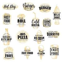 Fast food icons with lettering vector