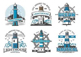 Lighthouse beacons icons signs for nautical club vector