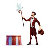 Magician or illusionist with hat, magic wand, dove vector