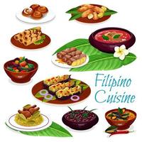 Filipino dishes with meat, seafood, fruit pastry vector