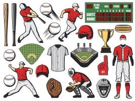 pelota deportiva de béisbol, bate y jugador. juego de softbol vector