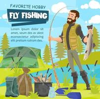 Fly fishing sport. Fisherman and pike, tackles vector