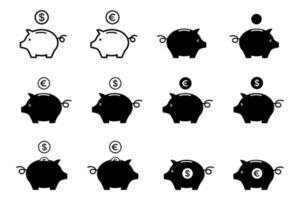 Icon set of Piggy bank with coin vector