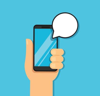 Hand holding smartphone with bubble chat