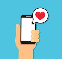 Hand holding smartphone with heart bubble chat vector