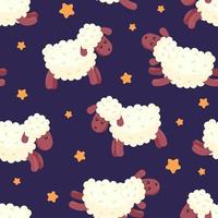 Pattern of sheeps in different poses on night background with stars. Count sheep jumping over the fence before bed. Funny lambs. Dream, relax, counting, insomnia, baby sleep, sleeplessness. vector