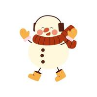 Cute christmas snowmen in warm scarve, mittens. Cheerful happy snowmen in costume and glasses jumping with legs in boots. Winter holidays snow men. Merry Xmas. vector