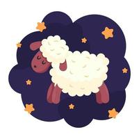 Sheep in jumping pose on night background with stars. Count sheeps jumping over the fence before bed. Funny lambs. Dream, relax, counting, insomnia, baby sleep, sleeplessness. vector