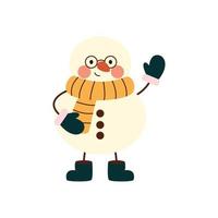 Cute christmas snowmen in warm scarve, mittens. Cheerful snowmen in costume and glasses waving hand with legs in boots. Winter holidays snow men. Merry Xmas. vector