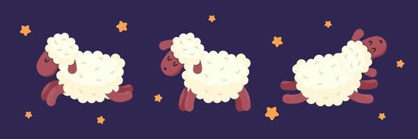 Set of sheeps in different poses on night background with stars. Count sheep jumping over the fence before bed. Funny lambs. Dream, relax, counting, insomnia, baby sleep, sleeplessness. vector