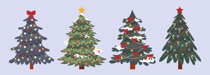 Set of decorated christmas fir, pine trees. Colorful retro xmas trees with candy,bows, garlands, snow, bulb, star. Winter Holiday Symbol for design, greeting card, invitation, banner, web.