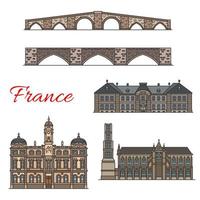 French travel landmarks thin line icons vector