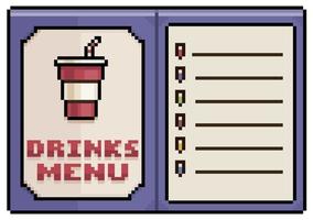 menú de bebidas de pixel art, icono de vector de menú de papel abierto para juego de 8 bits sobre fondo blanco