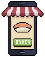 pixel art teléfono móvil pidiendo sushi en el icono de vector de aplicación de alimentos para juego de 8 bits sobre fondo blanco