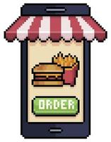 pixel art teléfono móvil pidiendo hamburguesas y papas fritas en el icono de vector de aplicación de alimentos para juego de 8 bits sobre fondo blanco