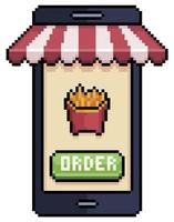 pixel art teléfono móvil pidiendo papas fritas en el icono de vector de aplicación de alimentos para juego de 8 bits sobre fondo blanco