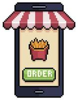 Pixel art mobile phone ordering french fries in food app vector icon for 8bit game on white background