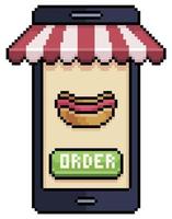 Pixel art mobile phone ordering hot dog in food app vector icon for 8bit game on white background