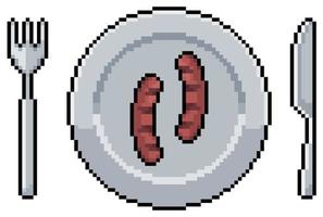 Pixel art plate with sausage and cutlery vector icon for 8bit game on white background