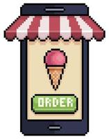 pixel art teléfono móvil pidiendo helado en el icono de vector de aplicación de alimentos para juego de 8 bits sobre fondo blanco