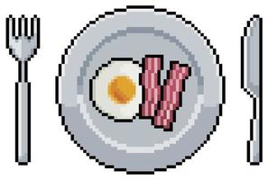 Pixel art plate with fried eggs and bacon vector icon for 8bit game on white background