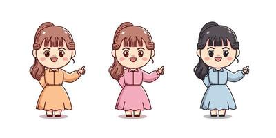 set of cute girl with pointing finger vector character cartoon illustration