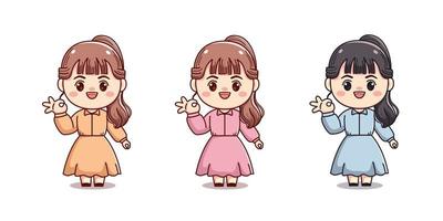 set of cute girl with ok sign mascot outlined vector character cartoon illustration