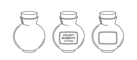 Mason Jar recoge momentos, no cosas. tarro redondo con corcho para conservas. un frasco vacío con una etiqueta en blanco. Ilustración vectorial sobre fondo blanco vector