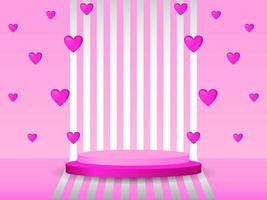 Realistic pink 3D cylinder pedestal podium on striped background with hearts around. Valentine's minimal stage for product demonstration, advertising display. Vector design studio room platform