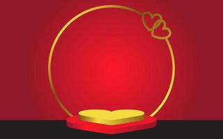 podio de pedestal de cilindro 3d de corazón rojo y dorado realista con anillo de oro. escena mínima de feliz día de san valentín para demostración de producto vector
