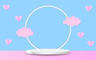 Realistic empty white pedestal with a ring. Minimal Happy Valentine's Day scene for product demonstration. Cut out paper effect vector