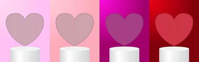 Set of white cylindrical 3D pedestals on a multicolored background. Minimal Happy Valentine's Day scene for product demonstration vector