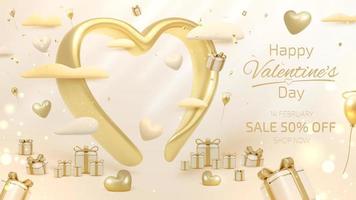 Valentine day background with 3d heart shape elements and gift box with ribbon and light effect decorations and bokeh. vector