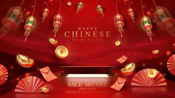 Red luxury background with product display podium element with 3d realistic chinese new year ornament and glitter light effect decoration and bokeh. Vector illustration.