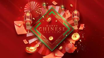 Red luxury style background with realistic chinese new year ornaments on square frame with light effect decorations and bokeh. vector