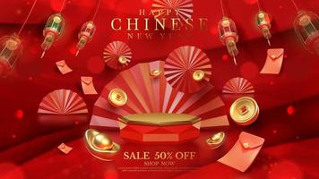 Red luxury background with product display podium element with 3d realistic chinese new year ornament and glitter light effect decoration and bokeh. Vector illustration.