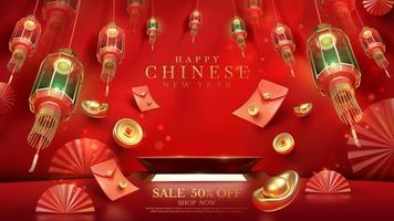 Red luxury background with product display podium element with 3d realistic chinese new year ornament and glitter light effect decoration and bokeh. Vector illustration.