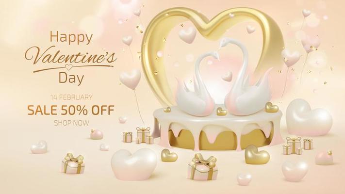 Swan love couple on podium with 3d realistic Valentine's day ornaments and glitter light effect decorations and bokeh.