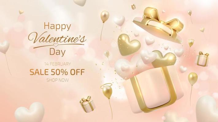 3d realistic heart shape in open gift box and balloons element and ribbon with glitter light effect decoration and bokeh. Valentine's day sale banner template background design.