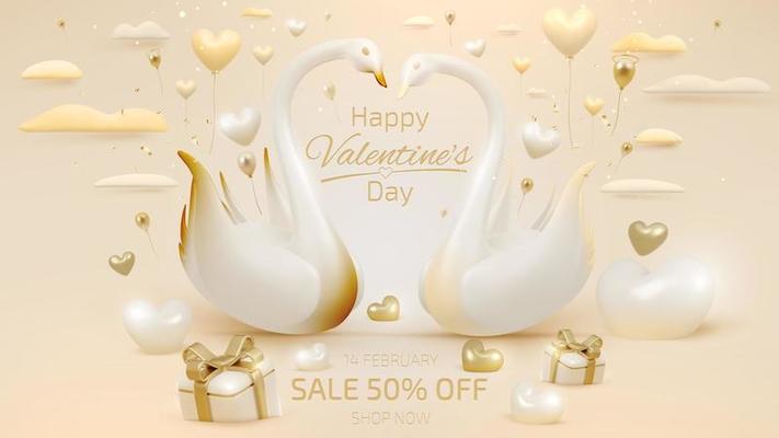 Cream luxury background with 3d swan love couple elements and gold heart with gift box and ribbon decoration and cloud. Valentine's day banner sign.