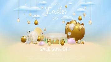 Product display podium and 3d realistic bunny with gold easter egg elements and flower with gift box with cloud decorations. vector