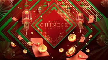 Red luxury style background with realistic chinese new year ornaments on square frame with light effect decorations and bokeh. vector