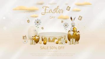 Product display podium and 3d realistic bunny with gold easter egg elements and flower with gift box with cloud decorations. vector