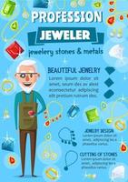 Jeweler or goldsmith, jewelry and tools vector