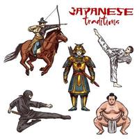 Japanese martial arts sketch warriors or fighters vector