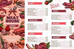 Meat restaurant meals, vector menu