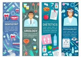 Dentistry, urology and dietetics health banners vector