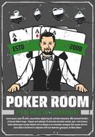 Casino poker room, ace cards and croupier