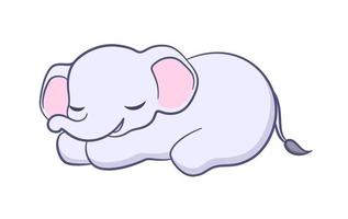 Cute baby elephant sleeping resting cartoon illustration. Animal mammal with big ears and trunk clipart for kids. vector