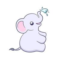 Cute baby elephant spraying water with trunk cartoon illustration. Animal mammal with big ears and trunk clipart for kids. vector